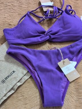 Berlook Purple Ribbed Twist-Front Bikini Set